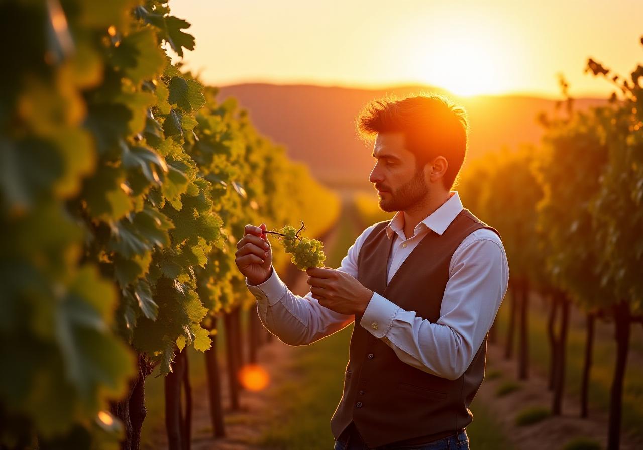Un agronomo esperto osserva i filari durante il tramonto